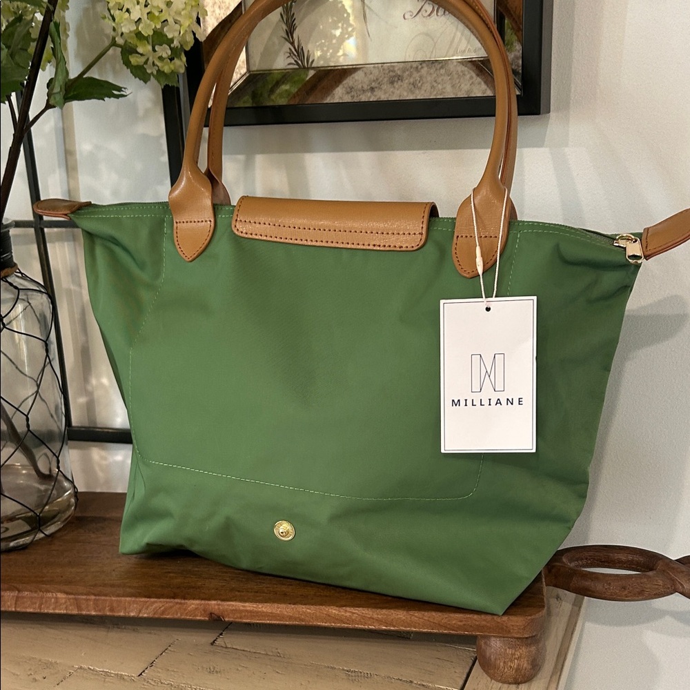 Green Nylon Tote with Tan Trim by Longchamp - Picture 2 of 7
